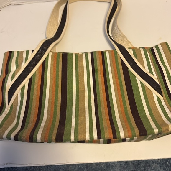 GREEN TAN BROWN CREAM COLORED STRIPPED CANVAS TOTE LEATHER AND CANVAS HANDLES - Picture 1 of 14